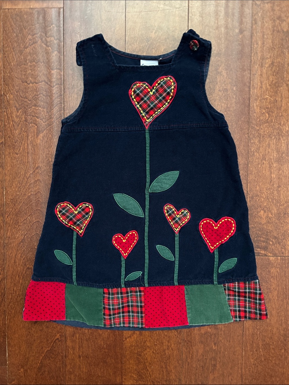 Vintage Samara Girls Navy Corduroy Heart Appliqué Patchwork Dress, Size 5